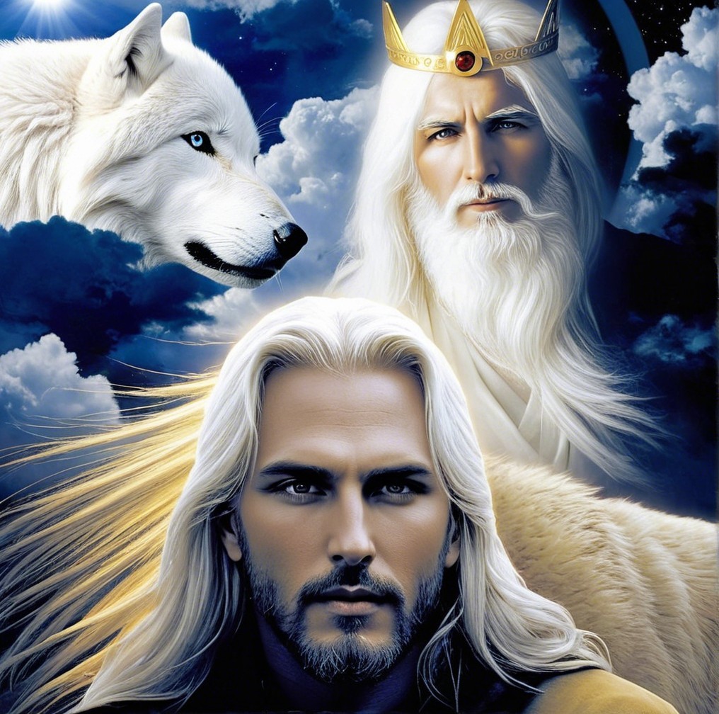 Majestic White Wolf and Regal Figure in Fantasy Scene