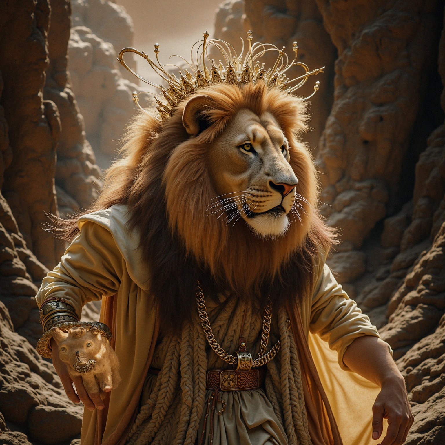 Lion with Crown and Jewelry in Rocky Landscape