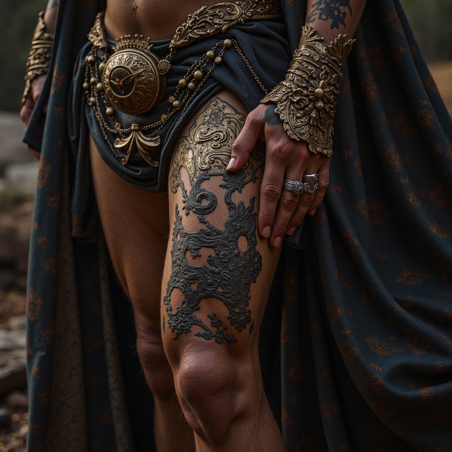 Close-Up of Ornate Attire and Intricate Jewelry