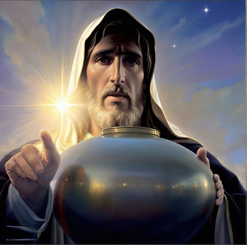 Serene Figure Holding Vessel Against Ethereal Sky