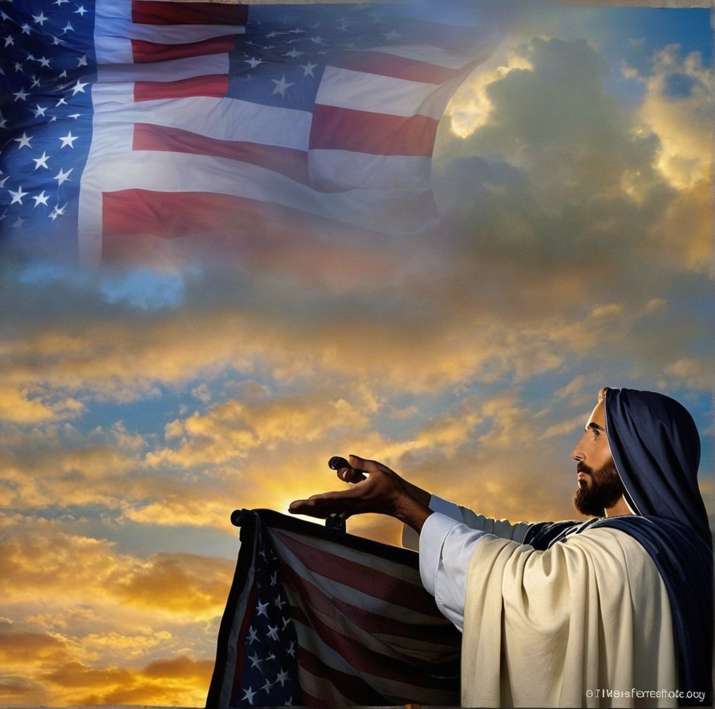 Jesus Figure Draped in American Flag Against Sunset