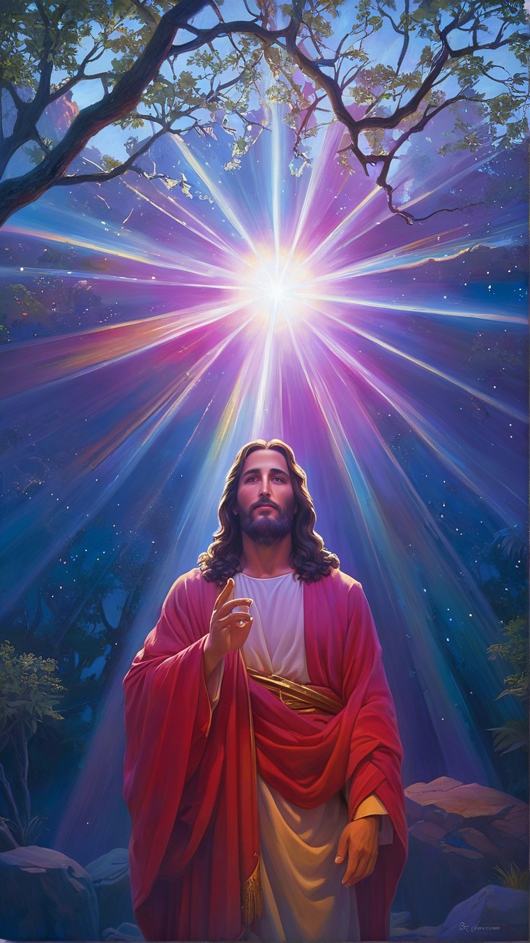 Serene figure in red robes in a vibrant forest