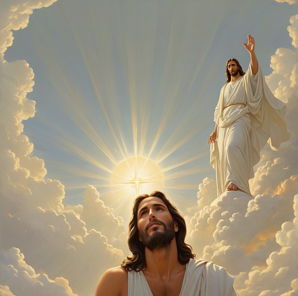 Heavenly Scene with Radiant Sky and Majestic Figures