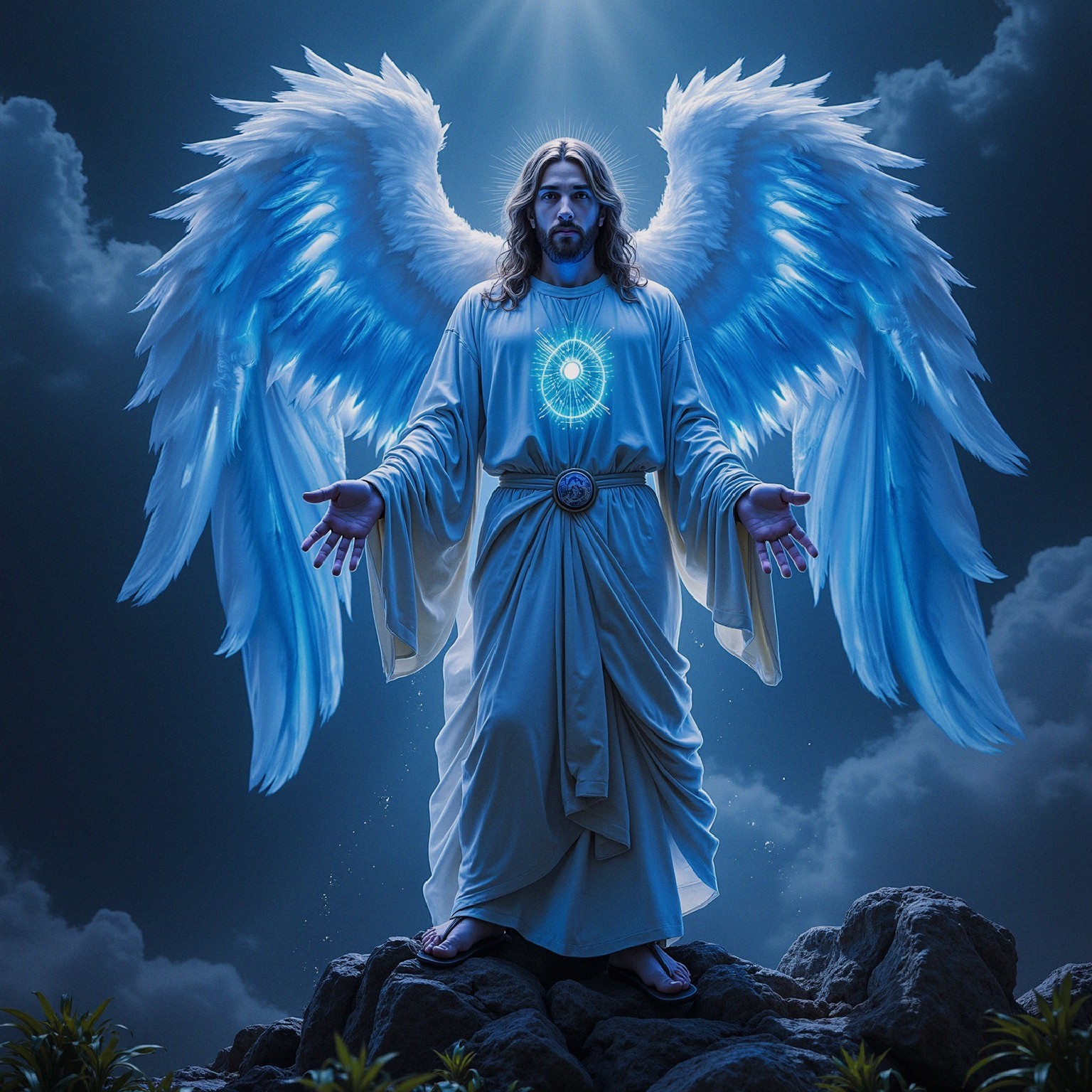 Majestic angel with luminous circle and feathered wings