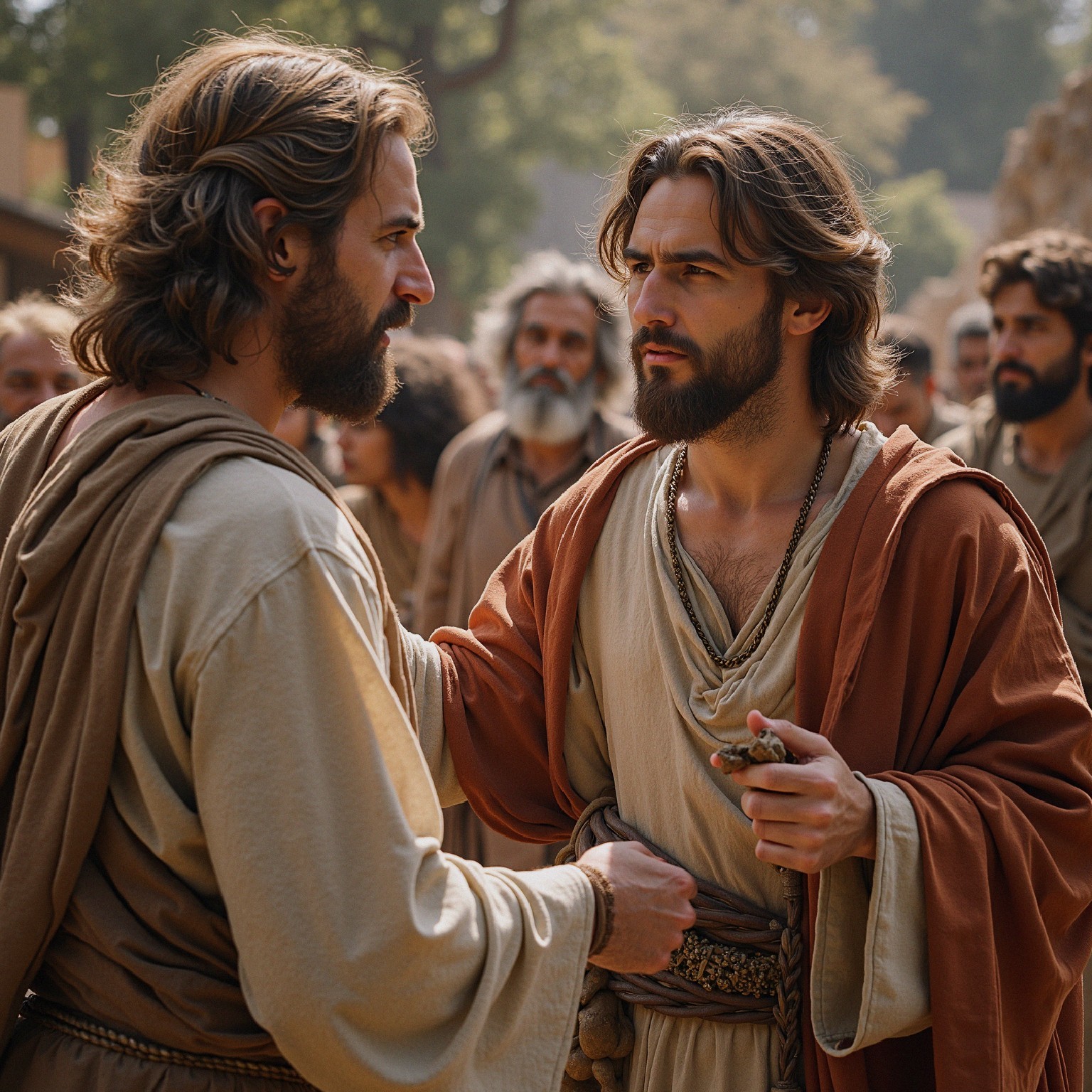 Men in Conversation Amidst an Ancient Gathering