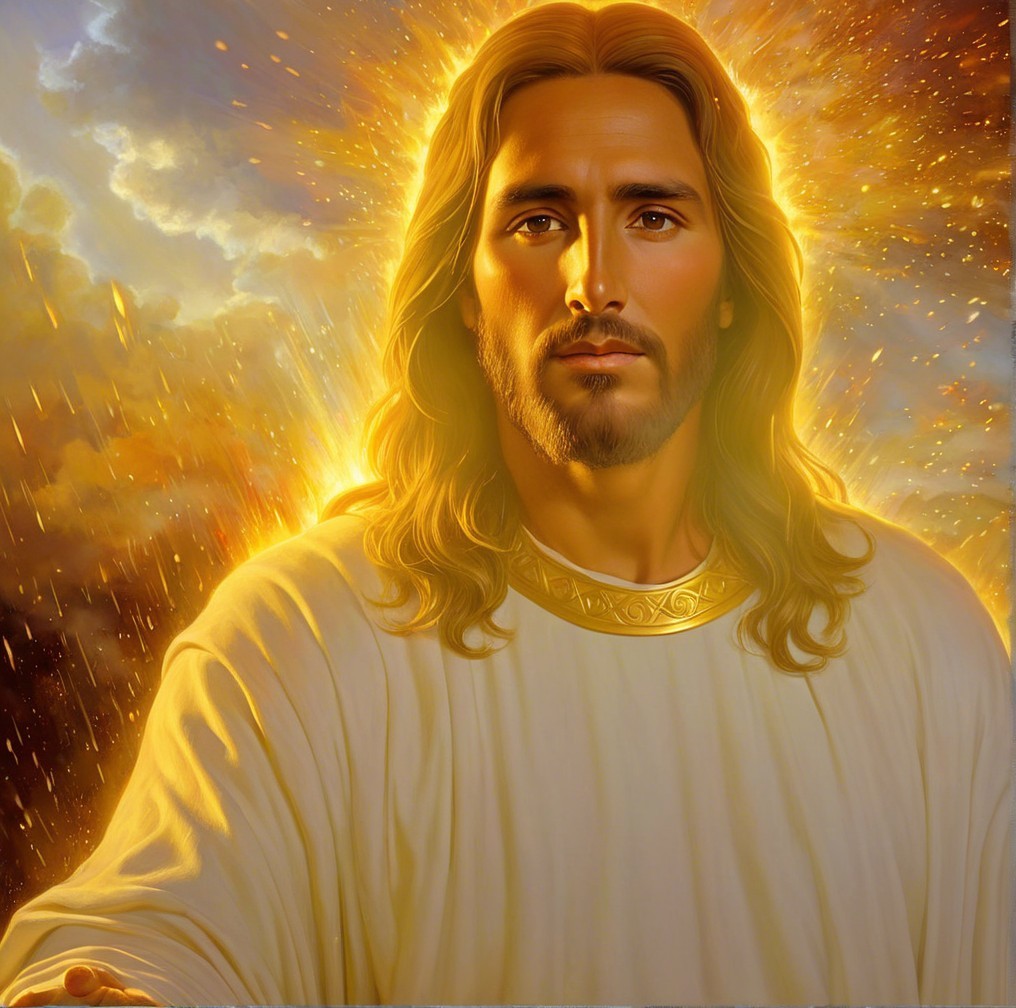 Serene figure in white robe with golden halo and clouds