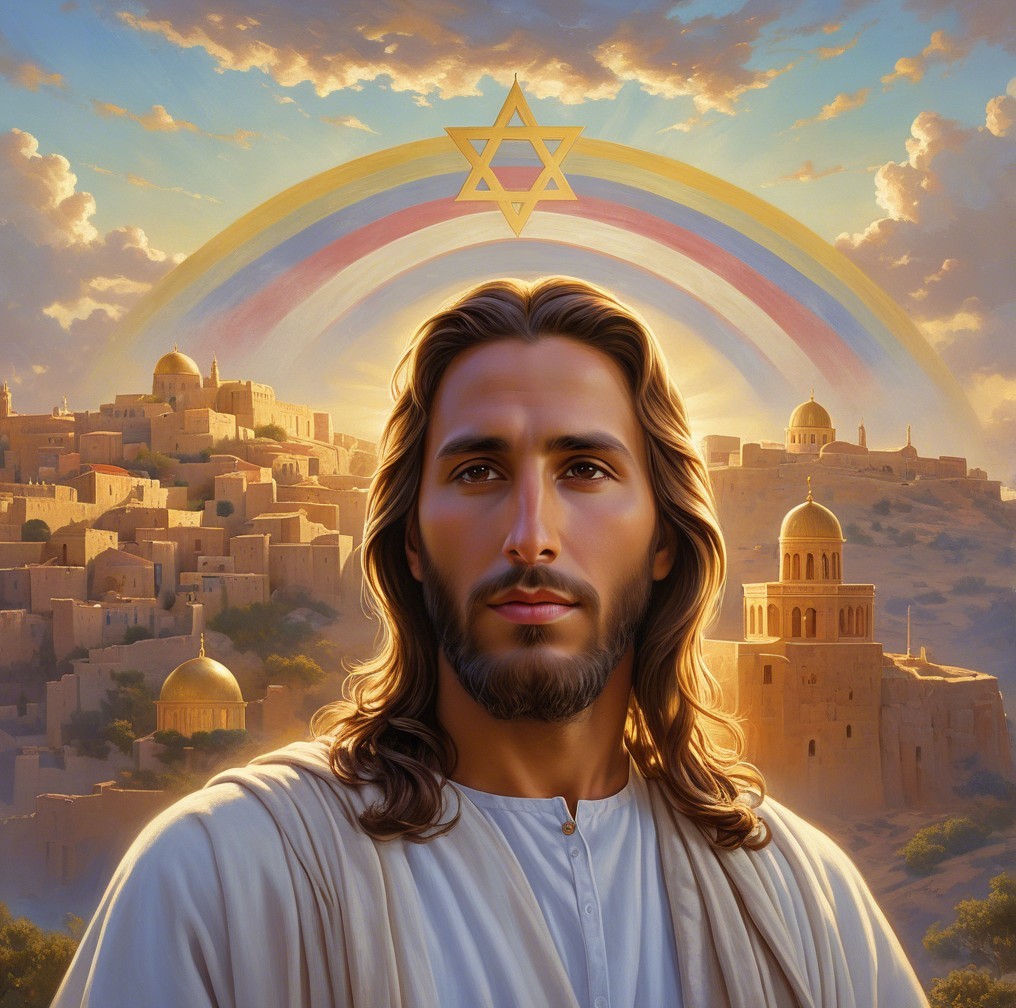 Ethereal Figure in Ancient Cityscape with Rainbow