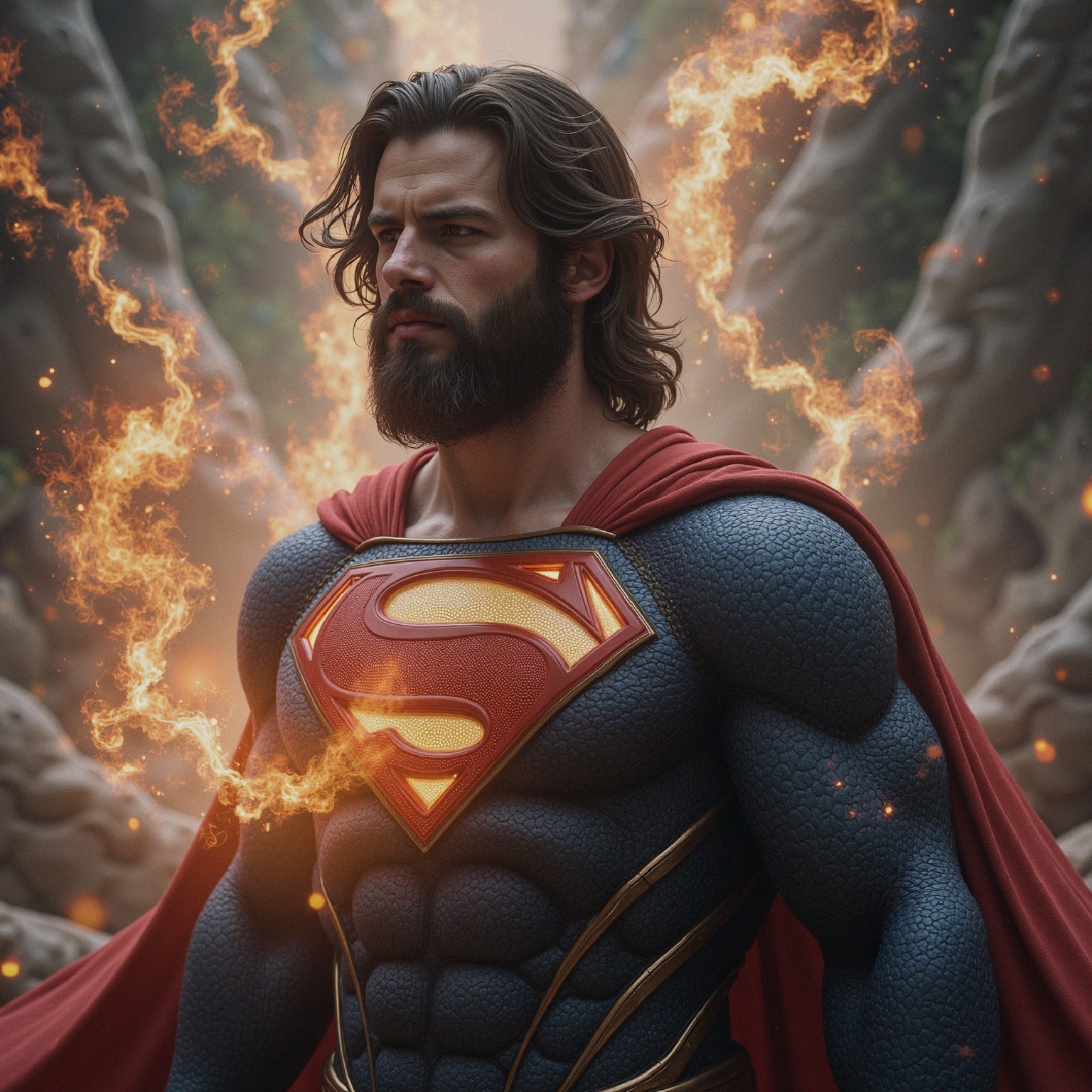 Superhero in Enchanted Forest with Mystical Flames