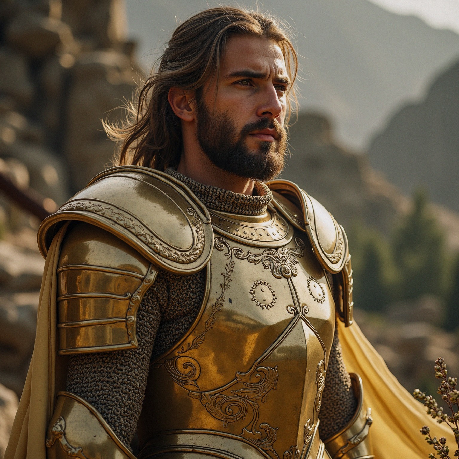 Heroic Figure in Golden Armor in Fantasy Landscape