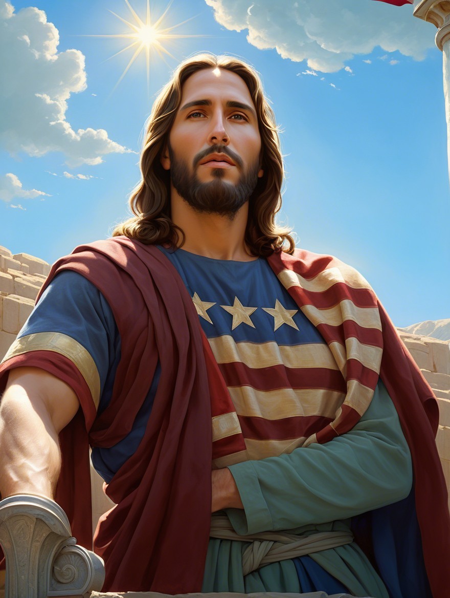 Stylized Figure in American Flag Robe Against Sky