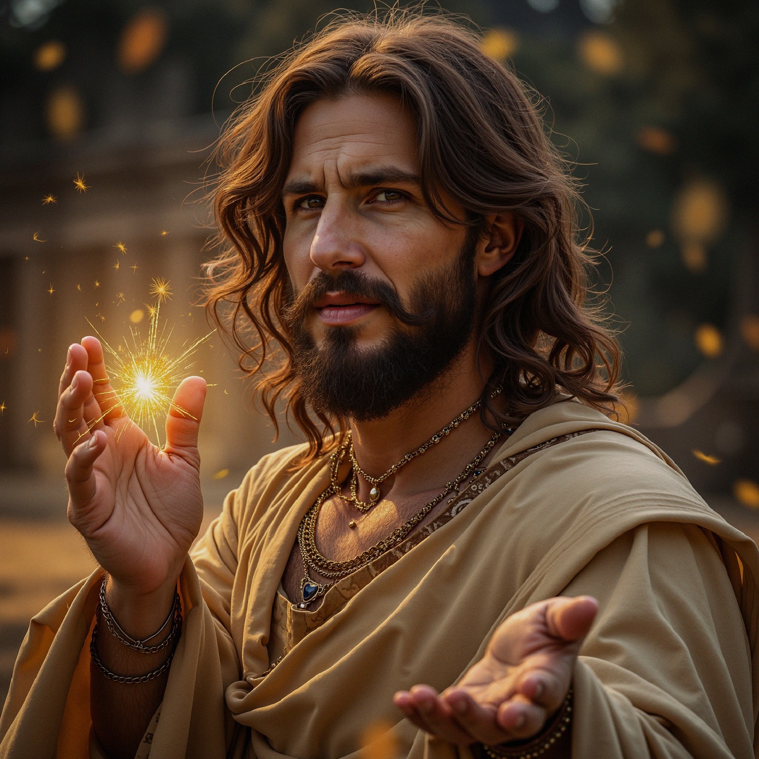 Elegant Man in Robes Surrounded by Magical Glow