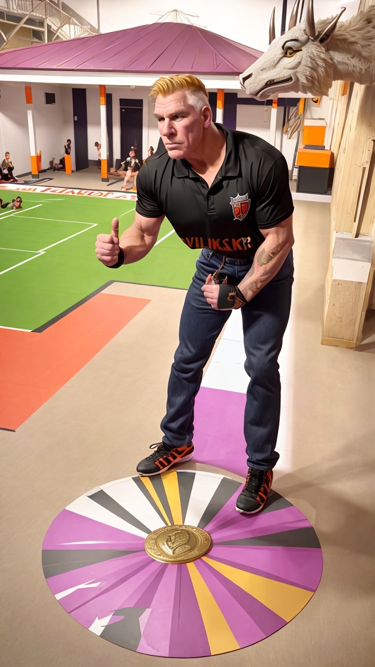 Muscular Man on Colorful Platform in Sports Facility