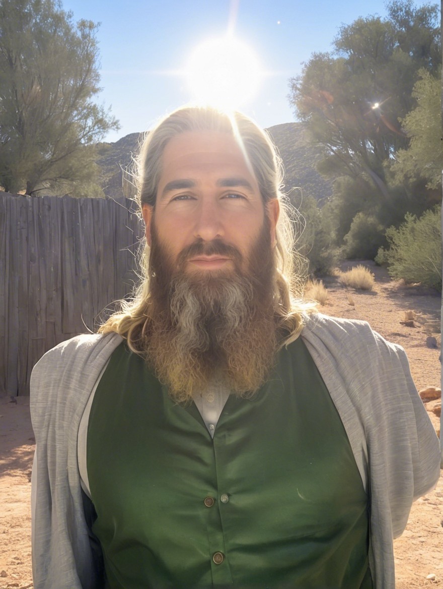 Man in Desert Landscape with Long Hair and Beard