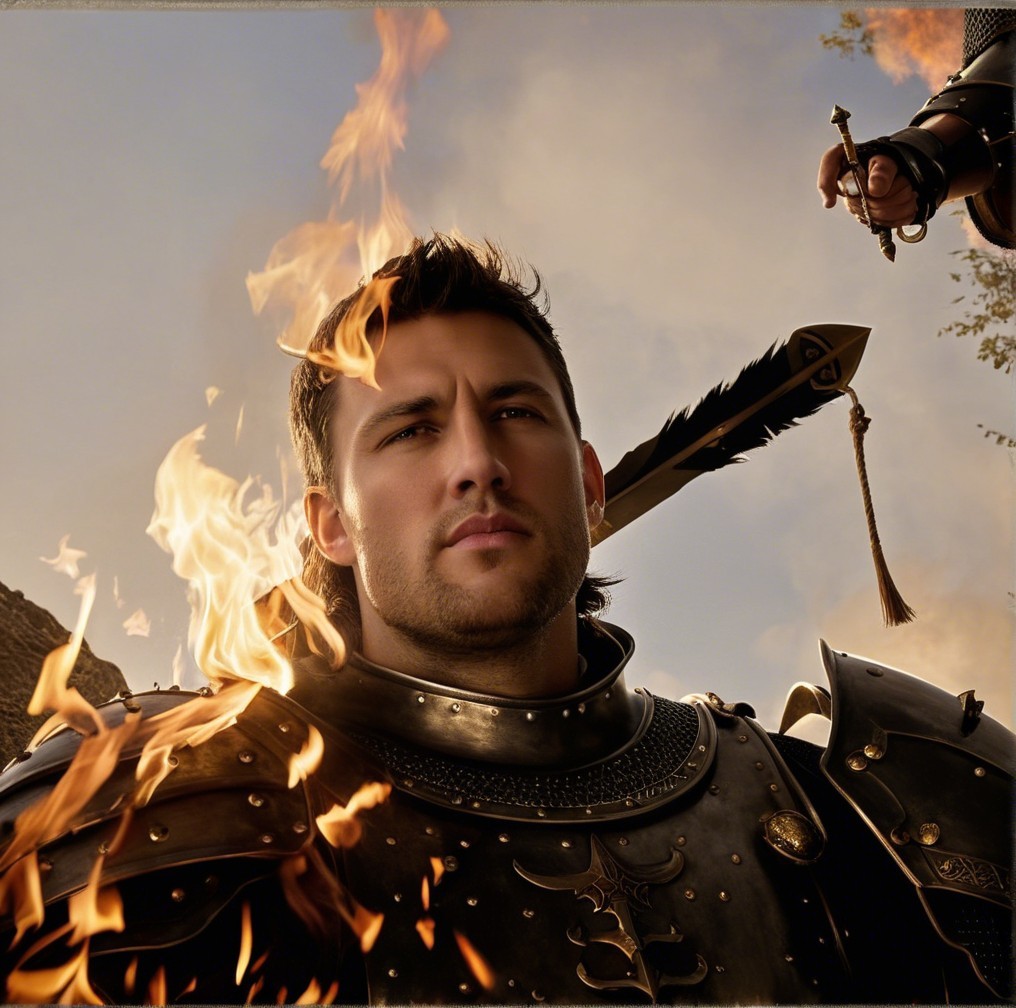 Medieval Armored Man Surrounded by Flames and Drama