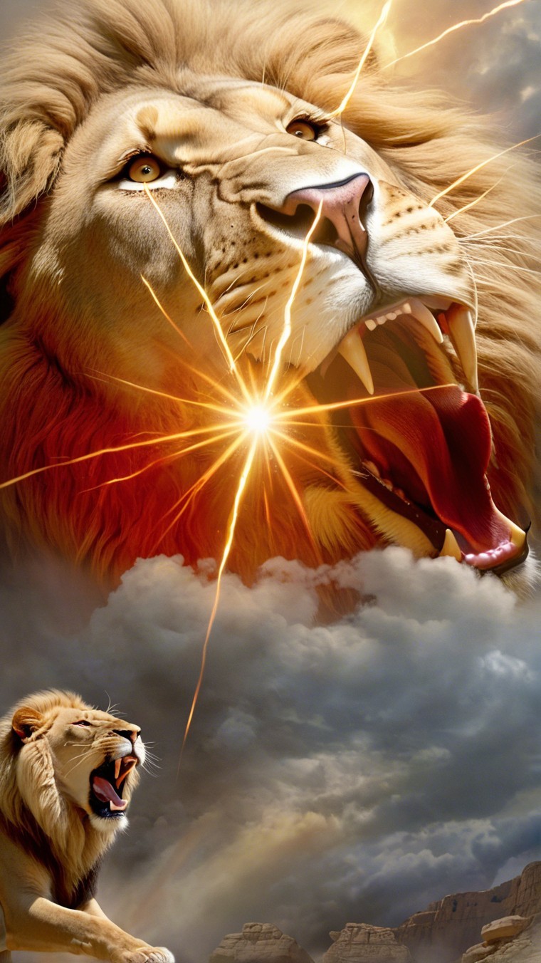 Majestic Lions Roaring Amidst Dramatic Clouds