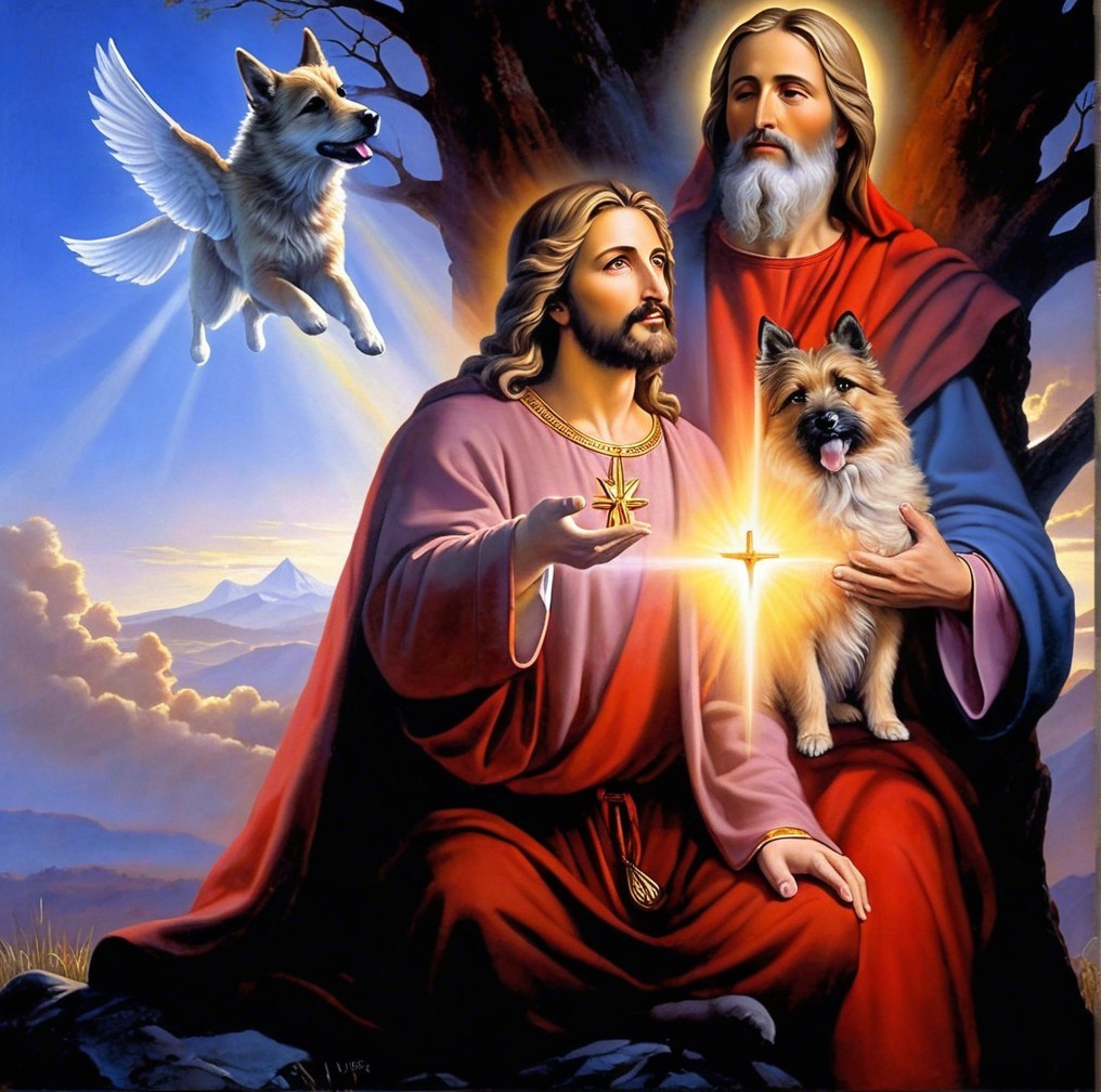 Serene Scene of Figures Under a Tree with Dogs