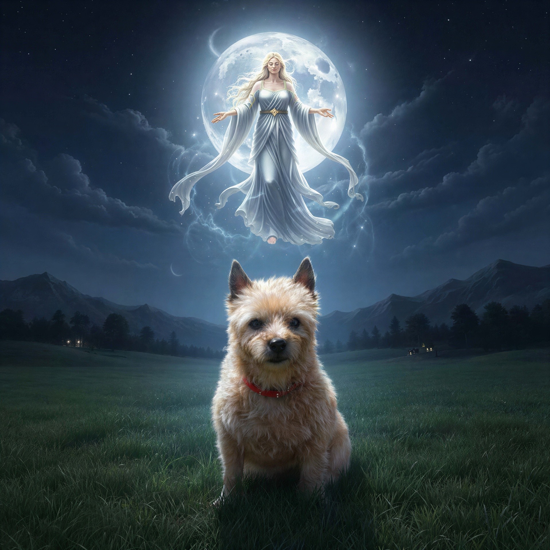 Terrier Mix Dog and Woman by Full Moon at Night