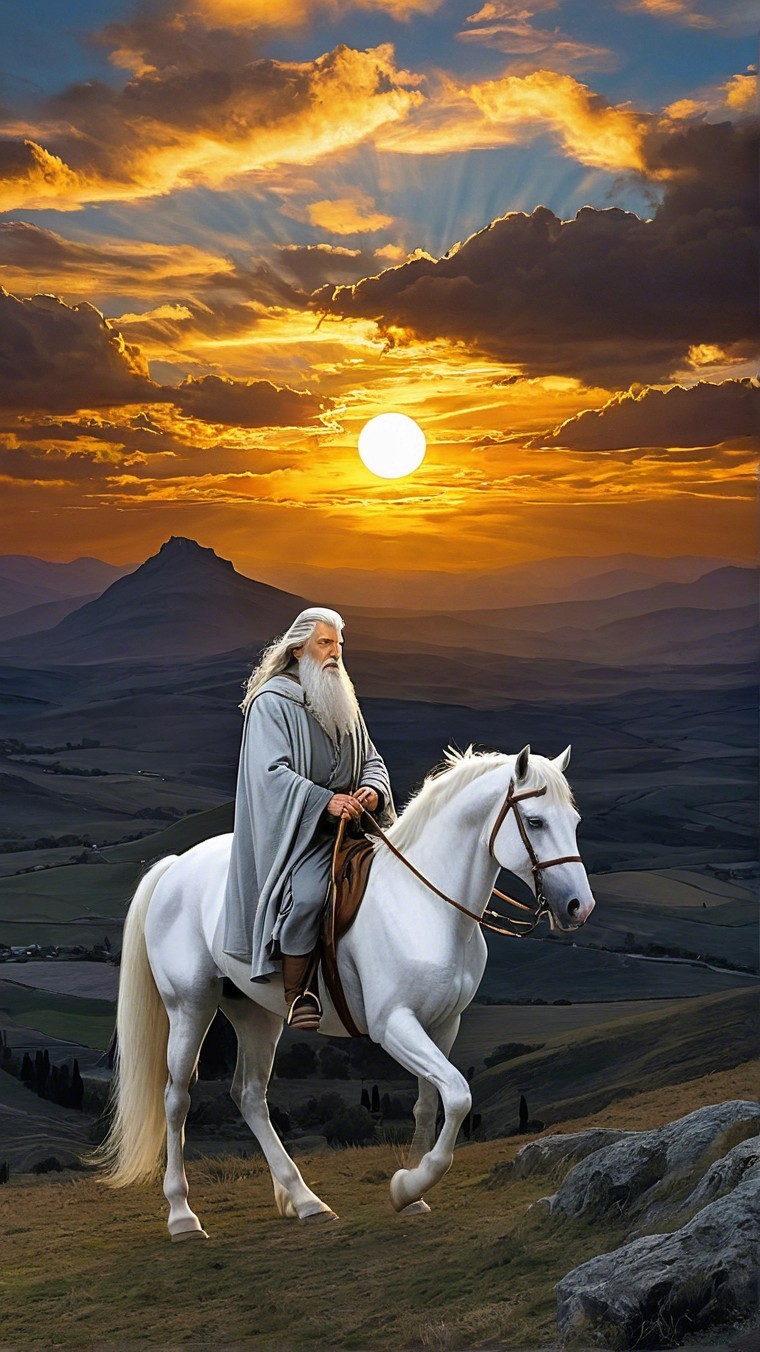 Ethereal figure on white horse at sunset landscape
