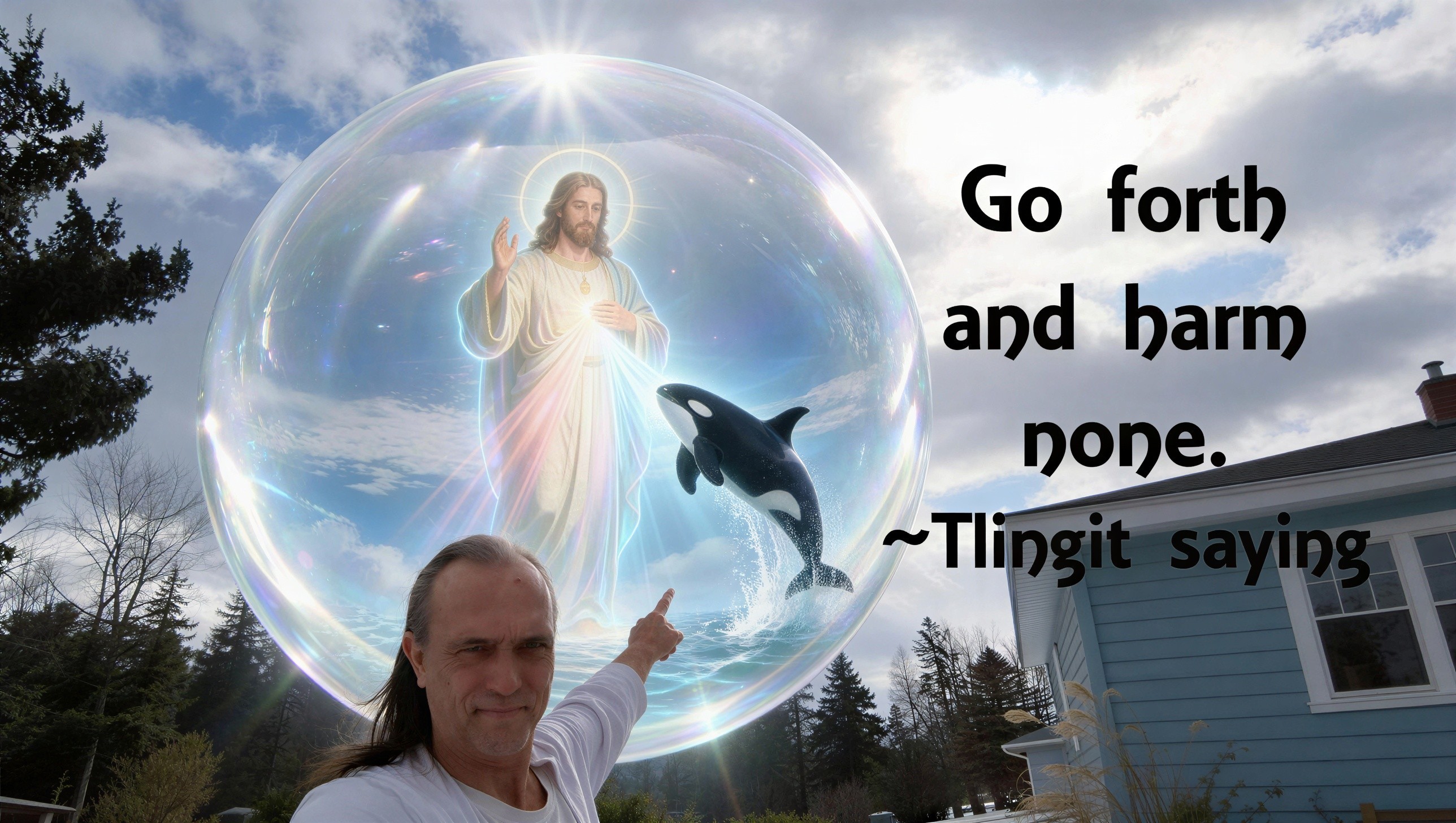 Man Pointing at Bubble with Jesus and Whale Figure