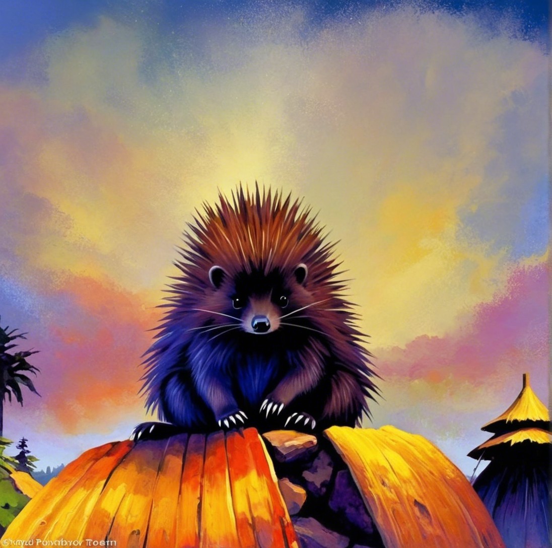 Illustrative Scene of a Purple Hedgehog on Pumpkin