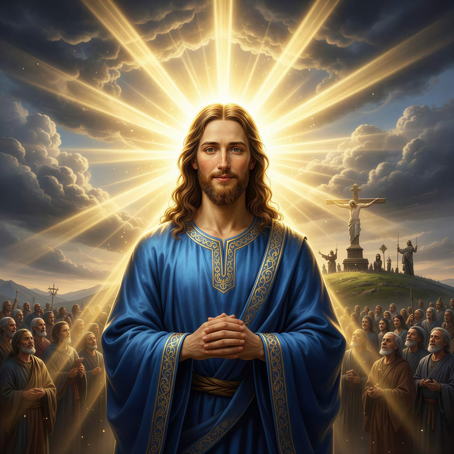 Radiant Jesus Christ Surrounded by Crowds and Light