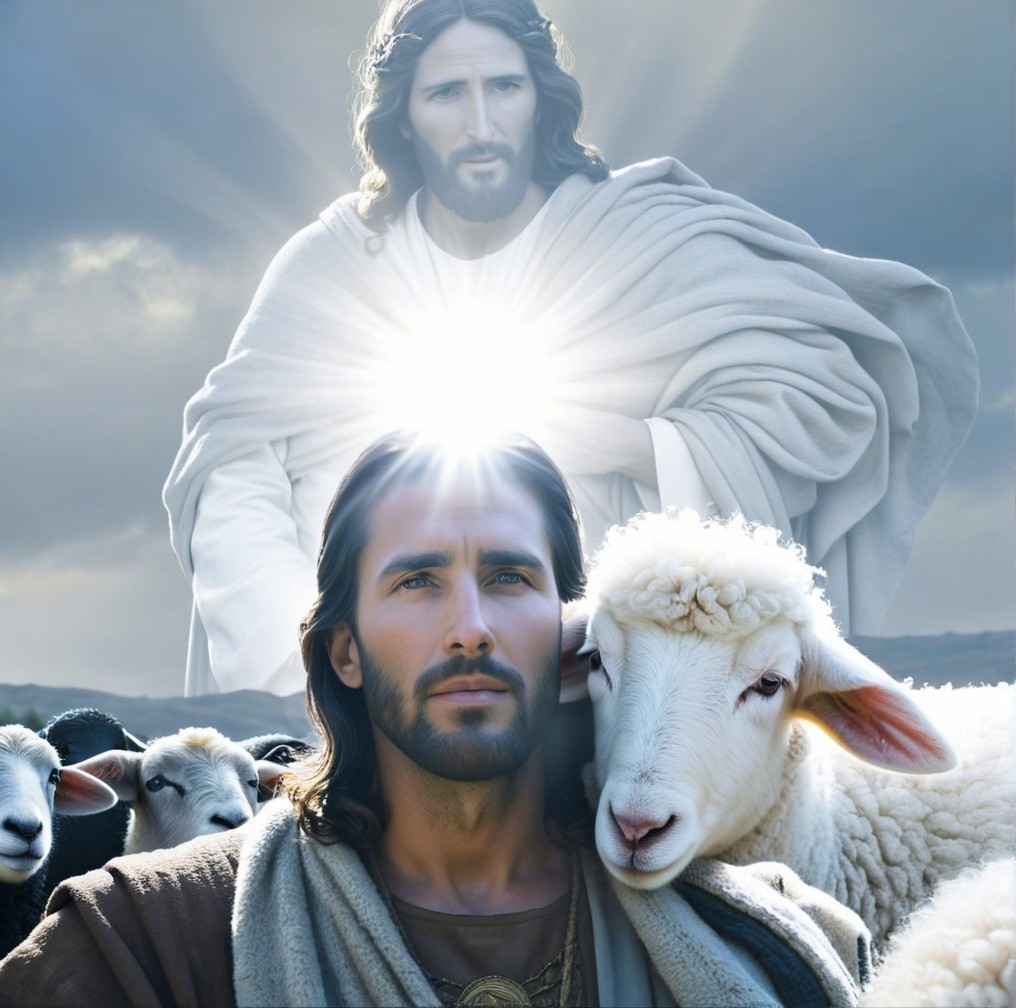 Serene Landscape Featuring Compassionate Figure and Sheep