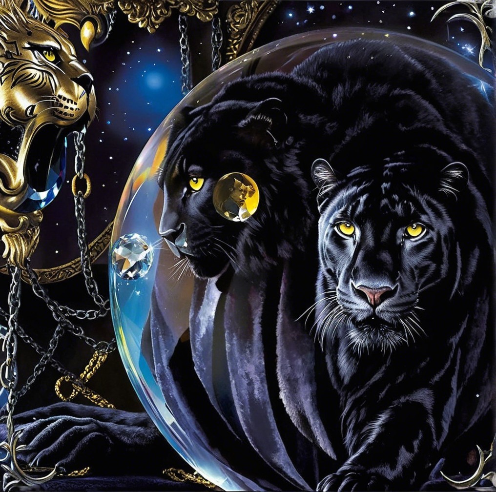 Detailed depiction of black panthers in crystal sphere