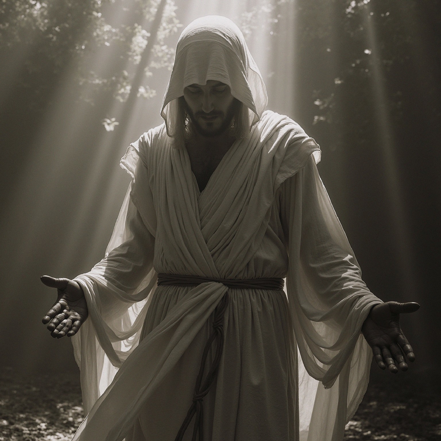 Serene Figure in White Robes in Mystical Forest Light