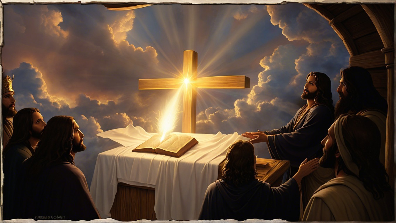 Serene Heavenly Scene with Radiant Cross and Worshippers