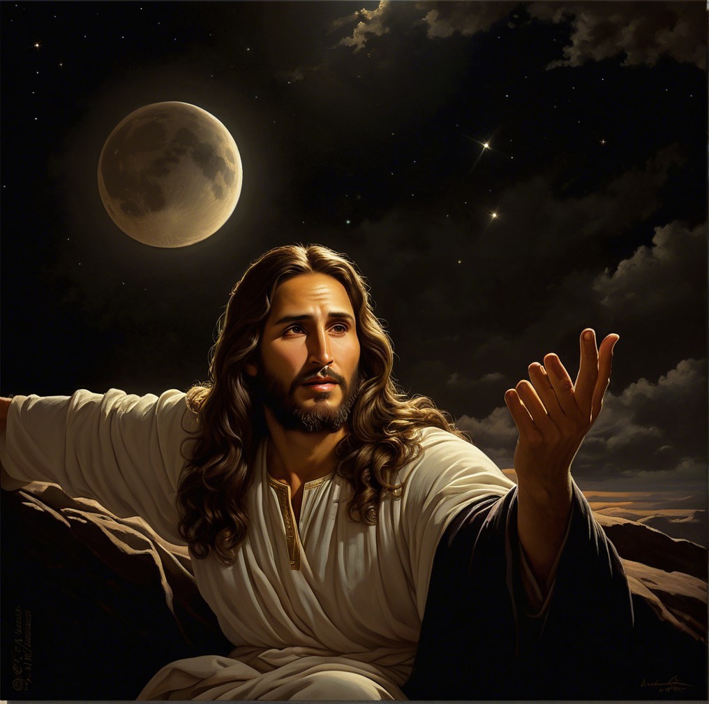 Traditional Jesus Figure Against Dramatic Night Sky