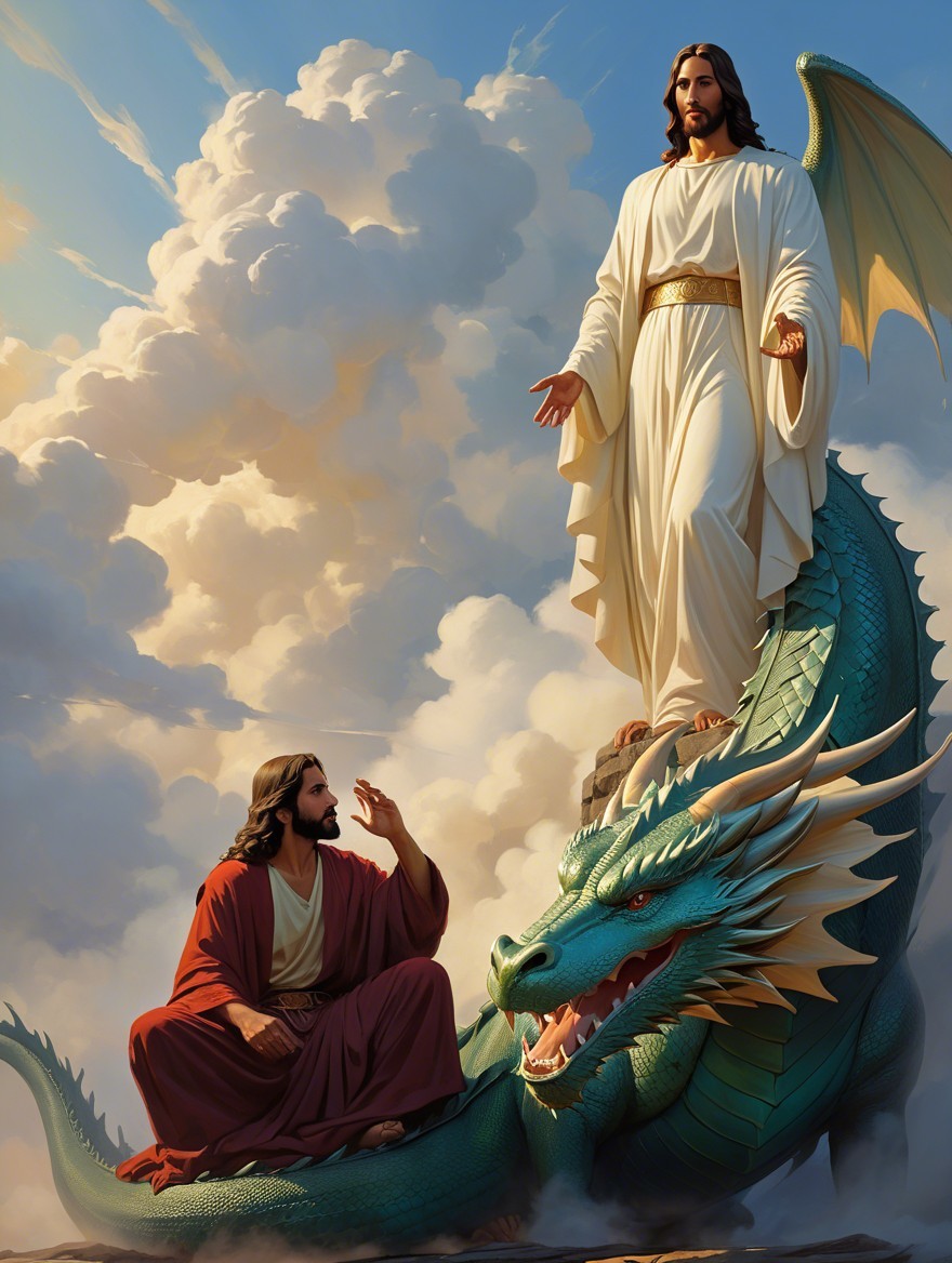 Majestic dragon and ethereal figure in serene scene