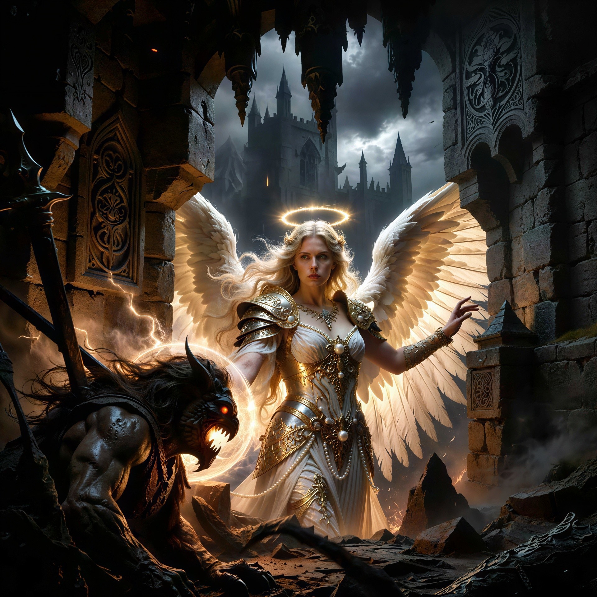 Majestic angel confronts dark creature in gothic setting