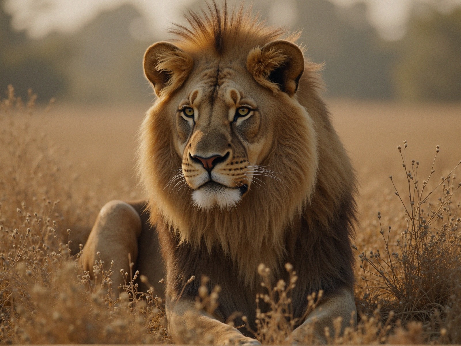 Majestic lion resting in sunlit field with grasses