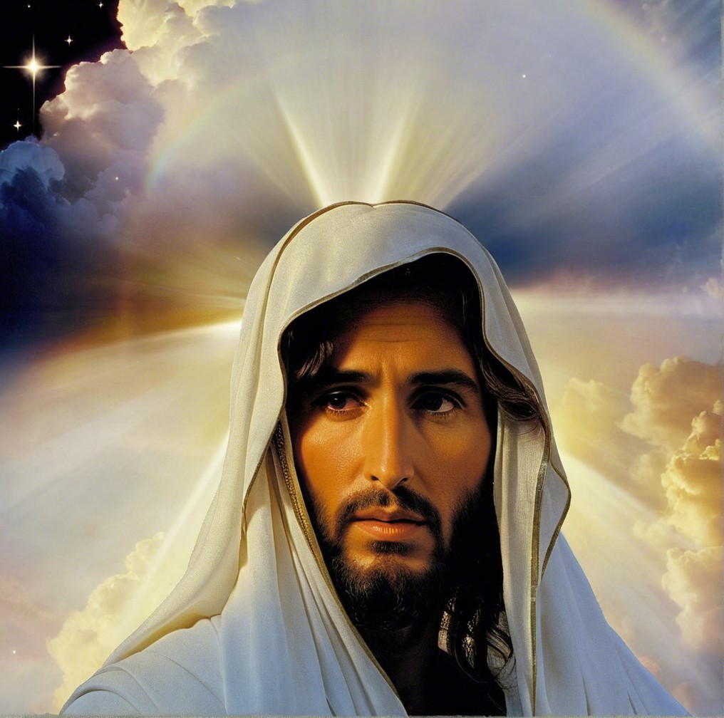 Serene figure in robe with radiant halo and clouds