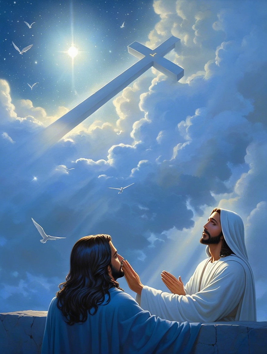 Serene Spiritual Scene with Figures and Cross in Clouds