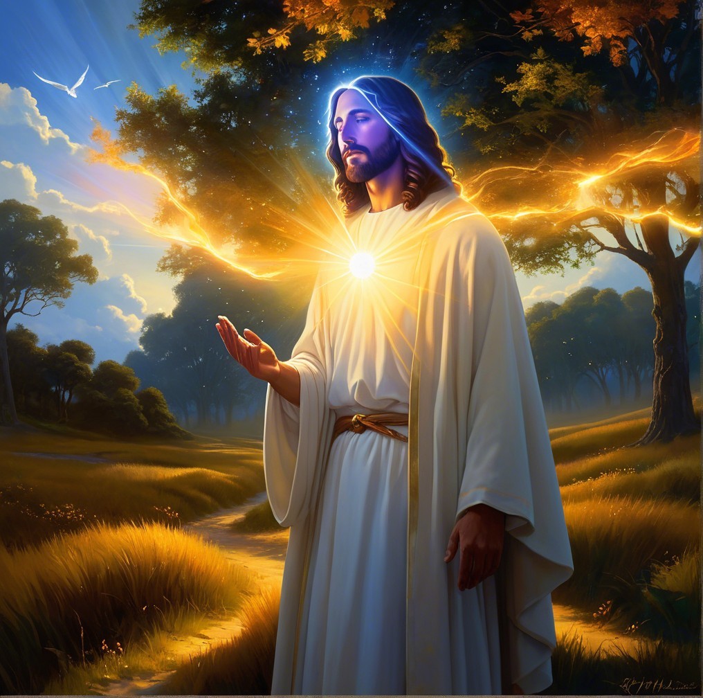 Divine Figure in Sunlit Landscape with Radiant Light
