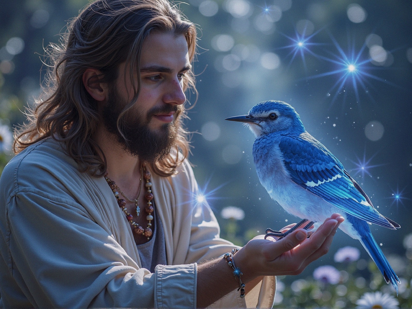 Young man with blue bird in a lush, serene setting