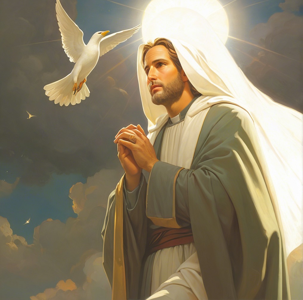 Serene figure in prayer with dove and radiant light