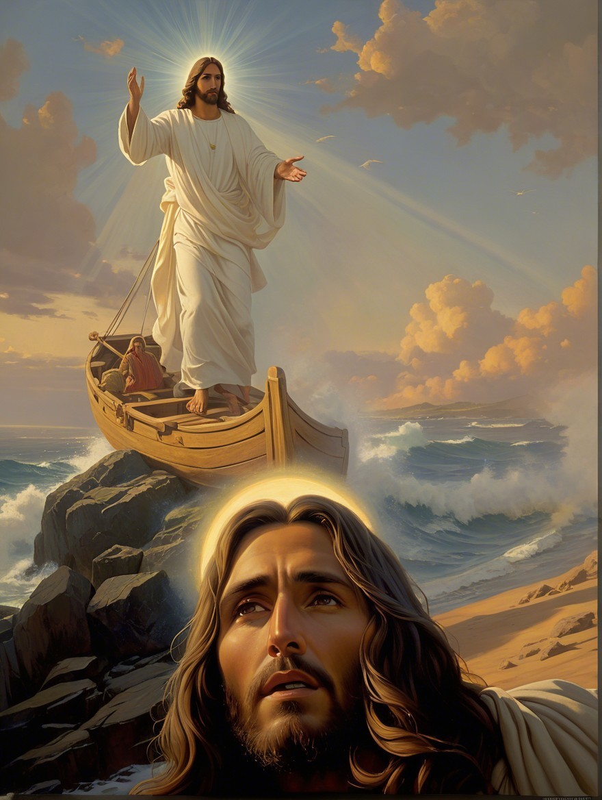 Serene Scene of a Figure in White Robes on Rock