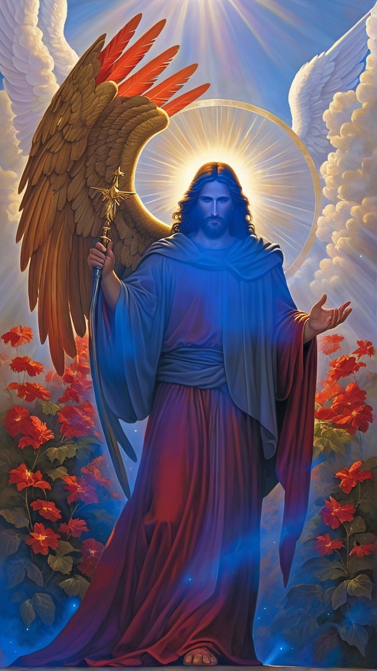 Majestic figure in blue robe among red flowers