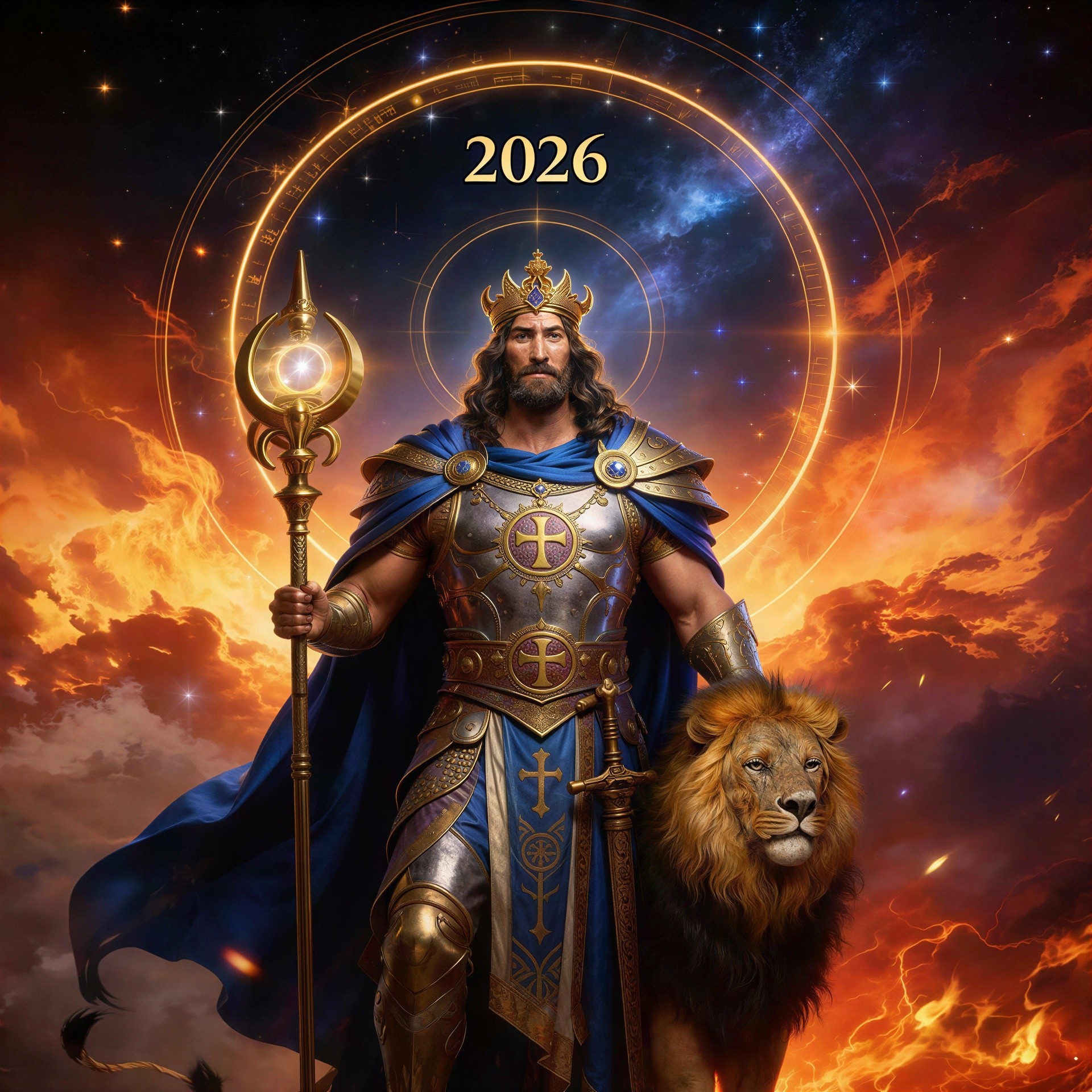 Majestic king in blue and gold armor with lion companion