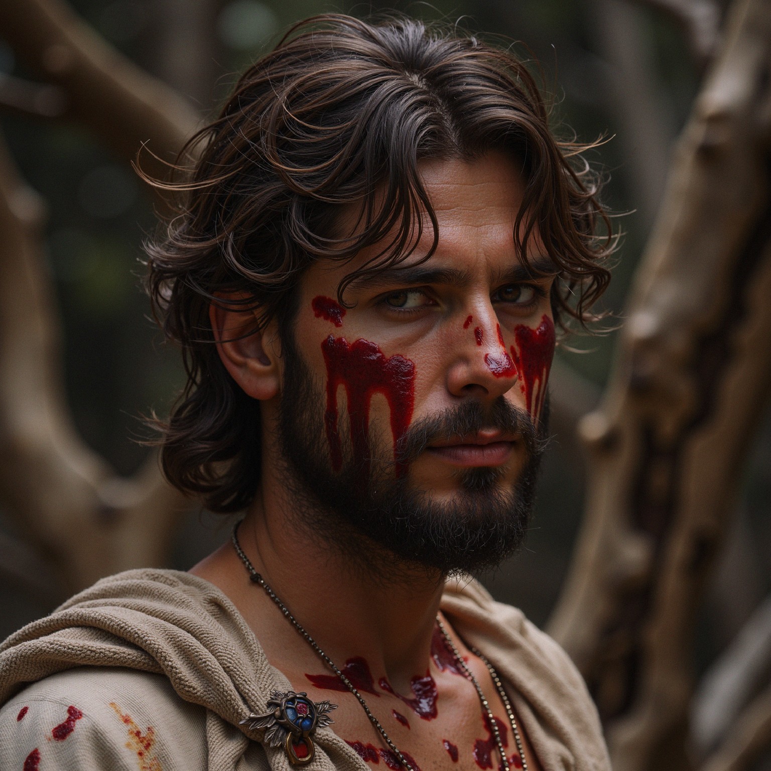 Fierce warrior in a dense forest with dramatic features