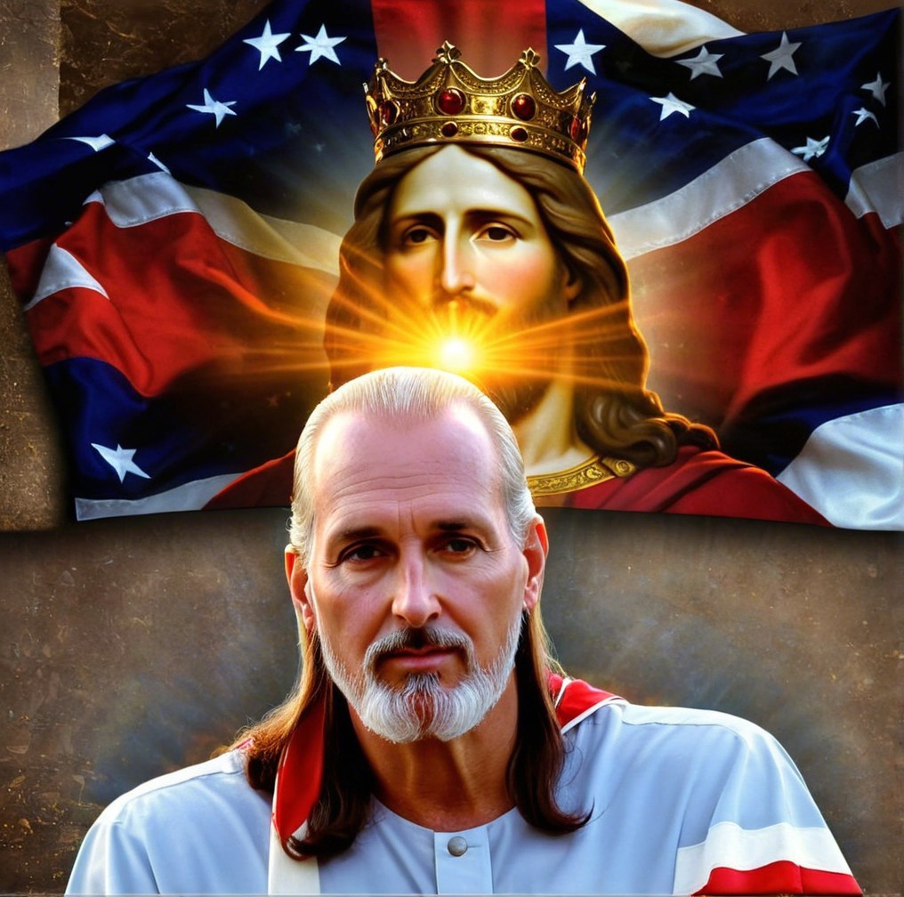 Man in White Robe with Crowned Figure Background