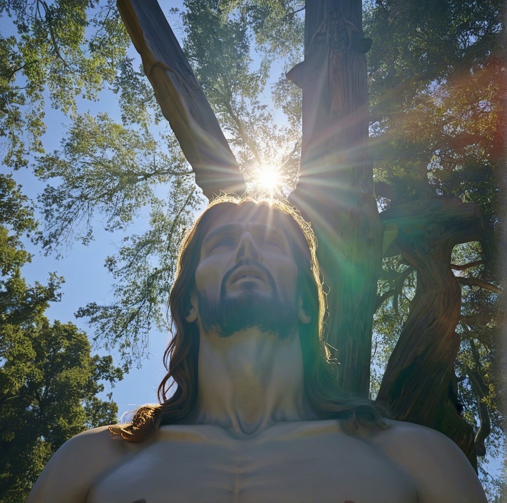 Serene Jesus Christ Sculpture Under Tree with Halo