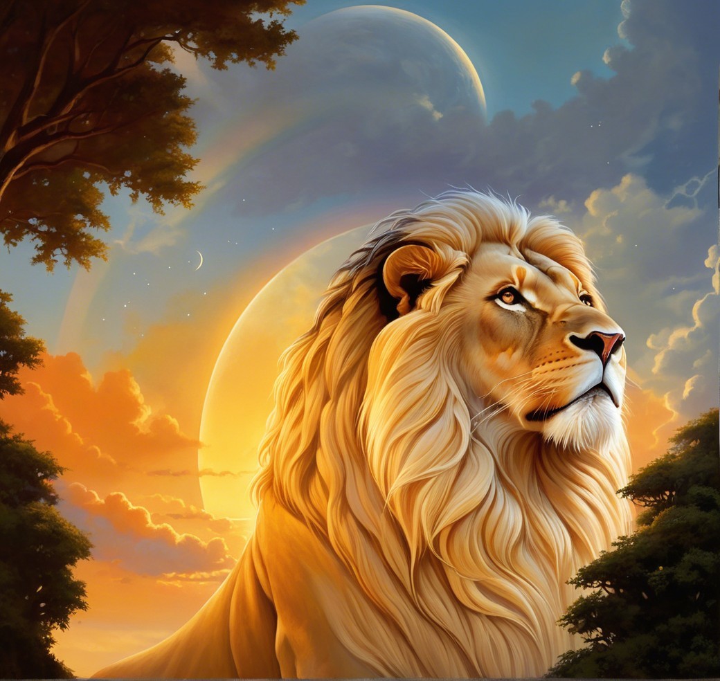 Majestic lion against a vibrant sunset backdrop