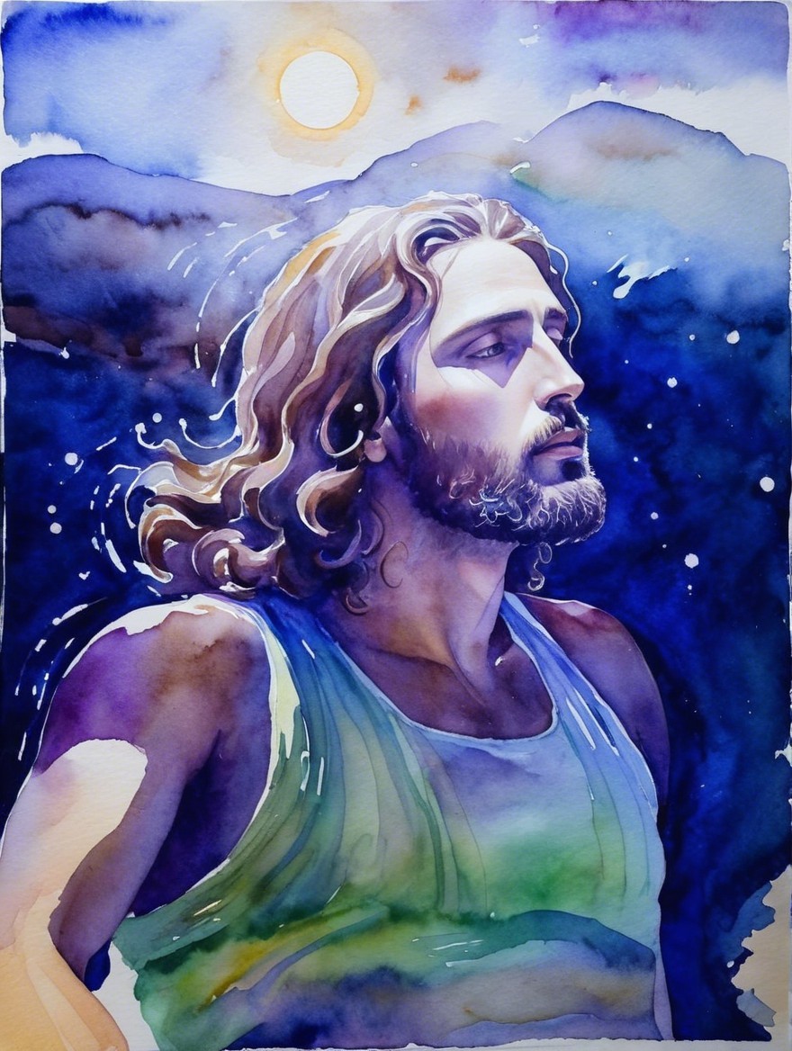 Male Figure with Long Hair in Watercolor Landscape