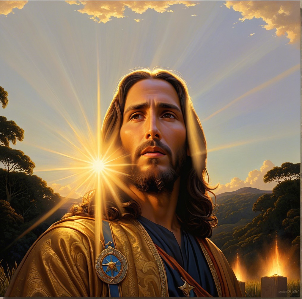 Serene figure in sunlight with lush greenery backdrop