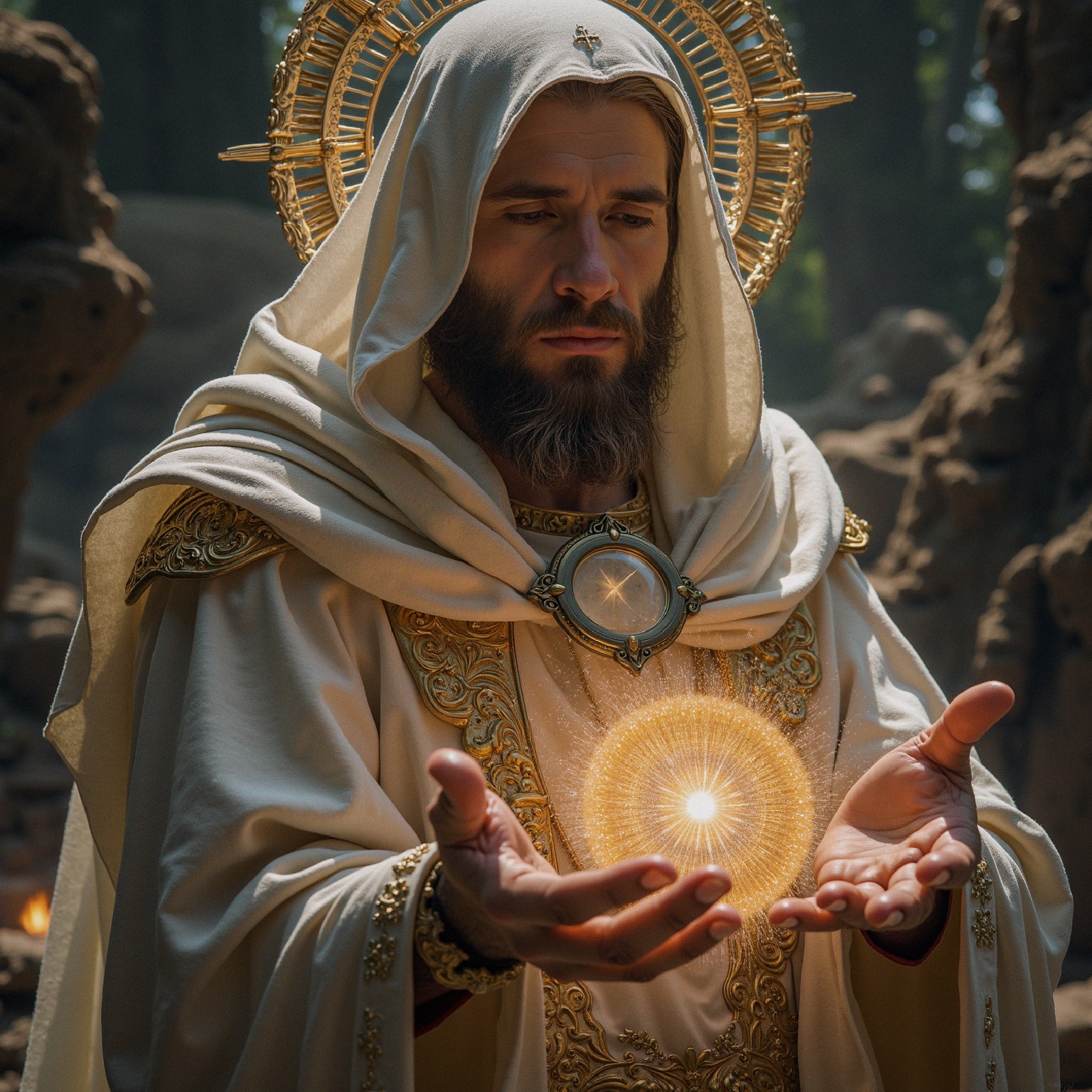 Serene figure in white robe with golden details in forest