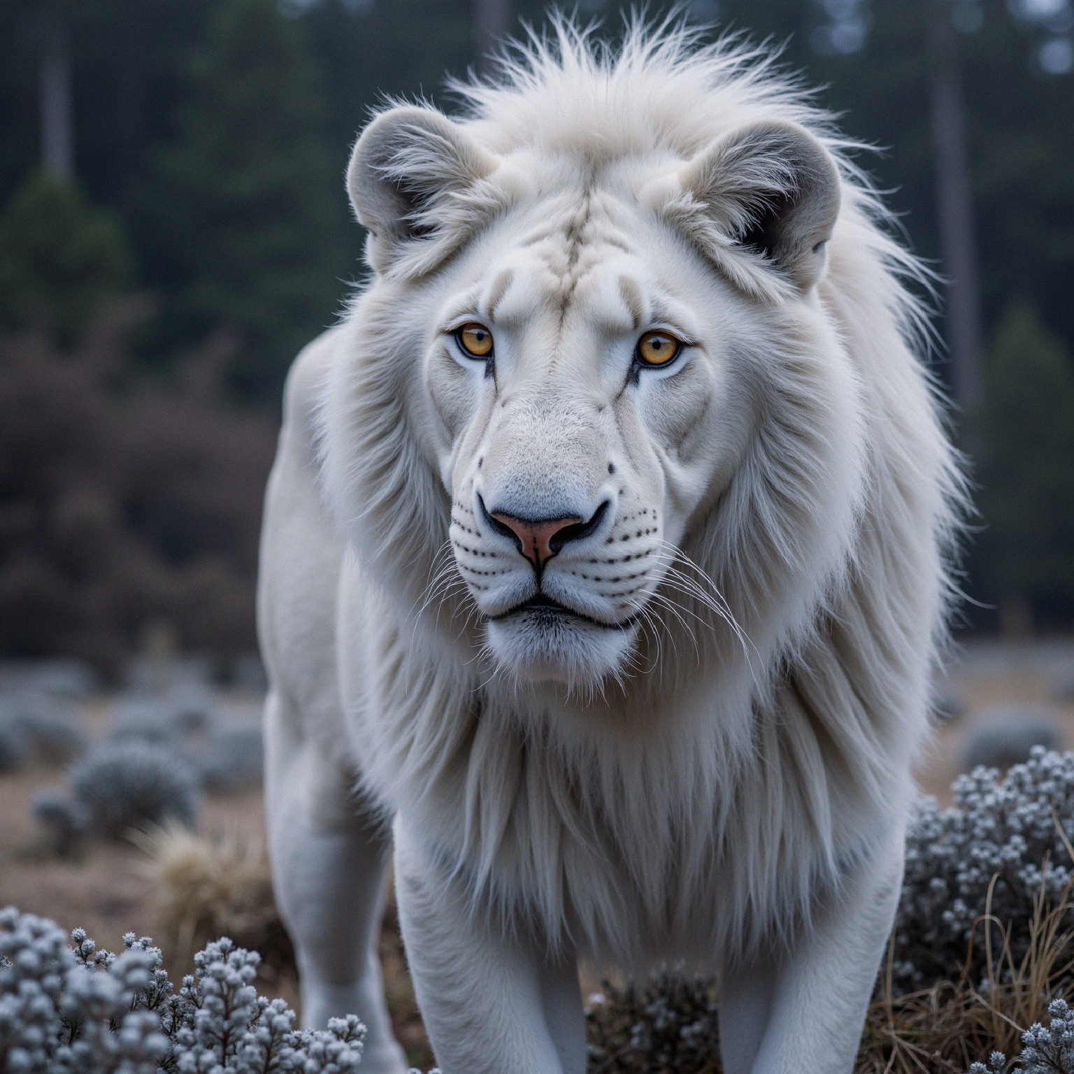 White Lion in Serene Natural Landscape Setting