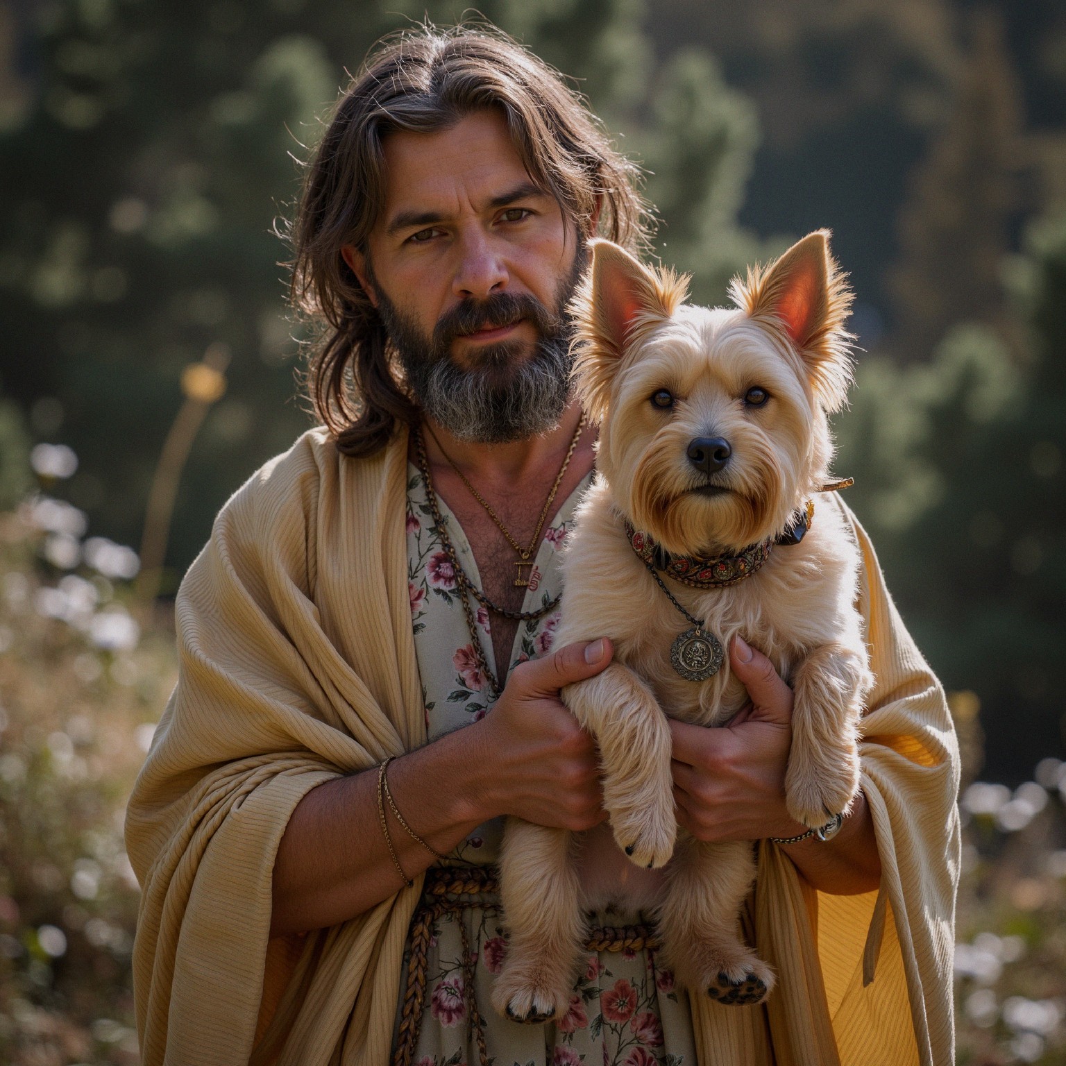 Man in Earthy Garment with Small Dog in Nature
